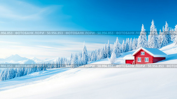 Picturesque winter wonderland with a vibrant red wooden cabin nestled in a snowy mountain landscape, framed by frosted pine trees under a clear blue sky, suitable for festive season cards. Стоковое AI-изображение, AI-художник Данила Большаков / Фотобанк Лори