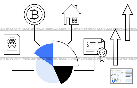 Pie chart segments connected to icons representing cryptocurrency, real estate, bonds, certificates, and growth arrows. Ideal for financial analytics, investment portfolios, economic studies. Pie Chart with Finance and Investment Icons Depicting Cryptocurrency, Real Estate, and Growth. Стоковая иллюстрация, агентство Ingram Publishing / Фотобанк Лори