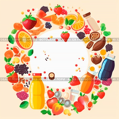 Pieces of fruit and jars of dairy products in the form of a round emblem. Стоковое AI-изображение, AI-художник Ярославский Максим / Фотобанк Лори