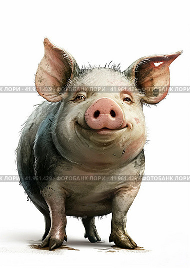 Pig in cartoon style on a white background,Generative AI. Стоковое AI-изображение, AI-художник Анна Кривицкая / Фотобанк Лори