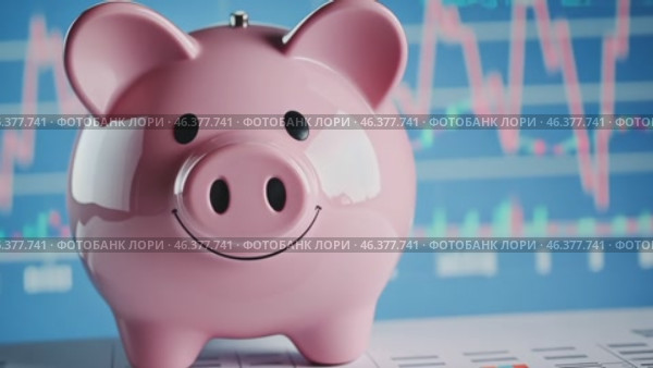 Piggy Bank is on a Financial Chart background, symbolizing savings management. Cheerful pink piggy bank on a blue economy diagram, growing graph. Wealth, profit, investment concept. Save money idea. Стоковое AI-видео, аниматор Марина Демидюк / Фотобанк Лори