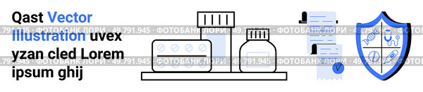 Pills, medicine bottles, medical documents, and a shield with health symbols. Ideal for healthcare, pharmacies, medical apps, doctor websites, health blogs, e-prescriptions, and safety protocols. Medical Supplies and Protection Icon Set with Pills, Bottles, Documents, Shield. Стоковая иллюстрация, агентство Ingram Publishing / Фотобанк Лори