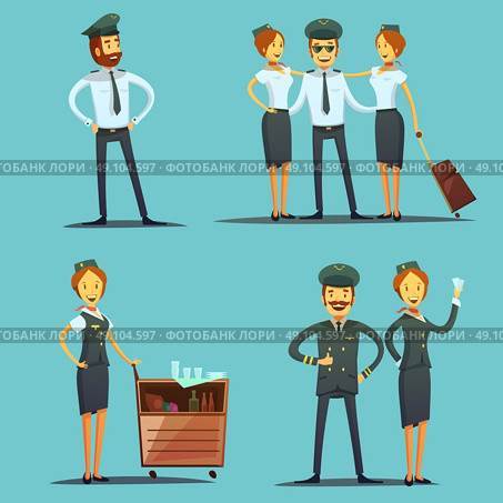 Pilot And Stewardess Cartoon Set. Pilot and stewardess cartoon icons set on blue background isolated vector illustration . Стоковая иллюстрация, агентство Ingram Publishing / Фотобанк Лори