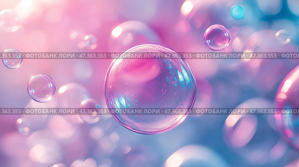 Pink and Blue Shimmering Bubbles on Light Background. Яркие полупрозрачные пузыри разных размеров, похожие на мыльные пузыри, переливающиеся розовыми и голубыми оттенками на светлом фоне. Стоковое AI-изображение, AI-художник Katsiaryna Repich / Фотобанк Лори