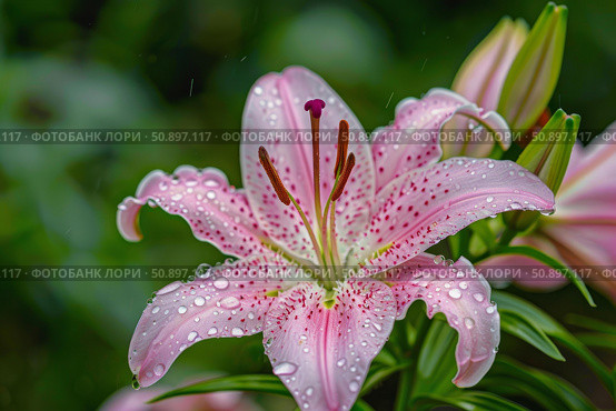 Pink lily flower blooming in the garden after rain. Стоковое AI-изображение, AI-художник Иван Рябоконь / Фотобанк Лори
