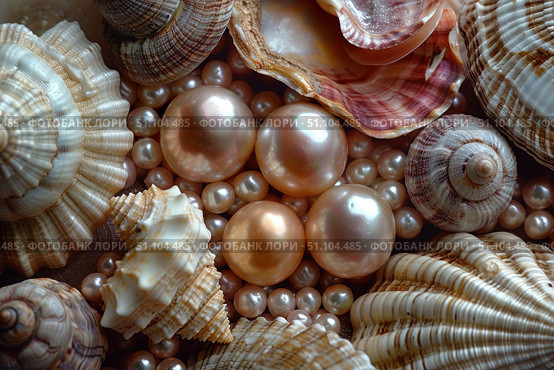 Pink pearls and various seashells showing marine treasures. Стоковое AI-изображение, AI-художник Иван Рябоконь / Фотобанк Лори