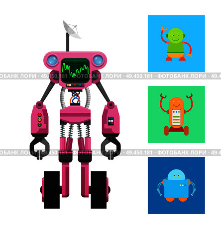 Pink robot machine on two black wheels vector card, illustration with three droids in colorful squares, robot with dark display and round antenna. Pink Robot Machine on Two Black Wheels Vector Card. Стоковая иллюстрация, агентство Ingram Publishing / Фотобанк Лори