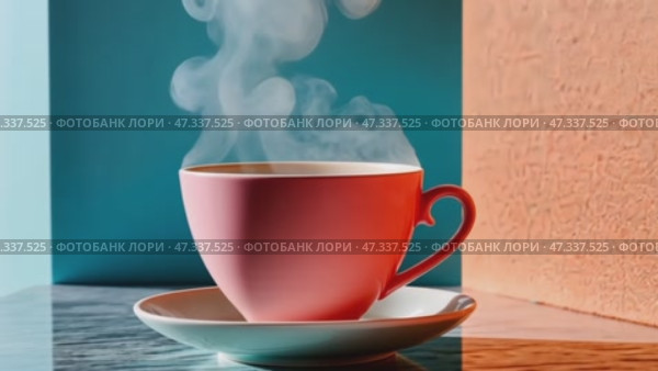 Pink teacup steaming on colorful background. Стоковое AI-видео, аниматор Юрий Поздников / Фотобанк Лори