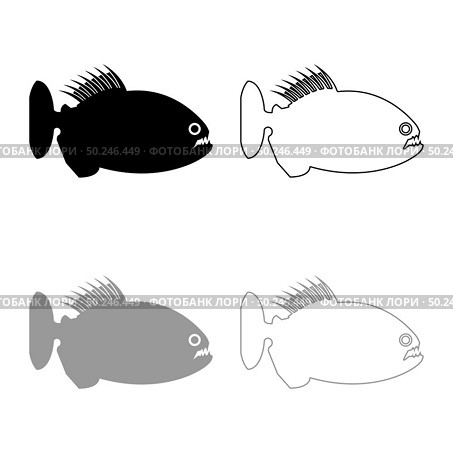Piranha angry fish icon outline set black grey color vector illustration flat style simple image. Piranha angry fish icon outline set black grey color vector illustration flat style image. Стоковая иллюстрация, агентство Ingram Publishing / Фотобанк Лори