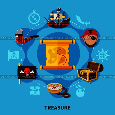 Pirate treasure with chest of gold, map, jolly roger round cartoon composition on blue background vector illustration. Pirate Treasure Round Composition. Стоковая иллюстрация, агентство Ingram Publishing / Фотобанк Лори