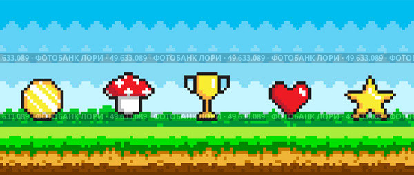 Pixel art game background with reward object in air. Pixel-game scene with grass and valuable awards in sky for player, pixelated symbols for mobile app gold goblet, coin, magic mushroom, star, heart. Pixel art game background with reward object in air. Pixel-game scene with grass and awards in sky. Стоковая иллюстрация, агентство Ingram Publishing / Фотобанк Лори
