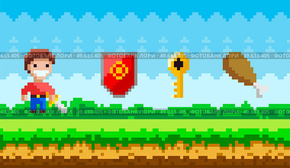 Pixel art game background with young man and pixelated magic objects in nature landsape. Pixel-game scene with male warrior, ground, grass, cloudy sky, gold key, shield with emblem and meat bone. Pixel art game background with young man with sword and pixelated magic objects in nature landsape. Стоковая иллюстрация, агентство Ingram Publishing / Фотобанк Лори