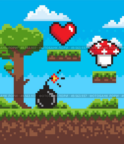 Pixel game elements vector, landscape with tree and grass, soil and ground heart and mushroom. Bomb with fire on top, explosive substance destruction, pixelated 8 bit objects for app game. Bomb with Fire, Mushroom and Heart Pixel Game. Стоковая иллюстрация, агентство Ingram Publishing / Фотобанк Лори