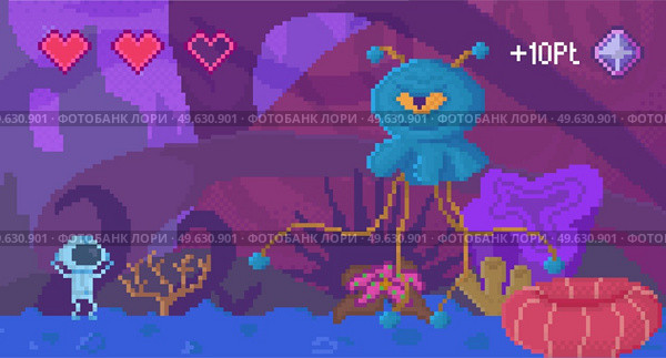 Pixel game interface layout design. Angry blue monster with one eye. Unidentified flying object goes to astronauts. Alien attacks character with incomplete health in form of hearts vector illustration. Pixel game interface layout design. Angry blue monster with one eye. Alien attacks character. Стоковая иллюстрация, агентство Ingram Publishing / Фотобанк Лори