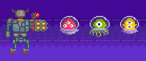 Pixel game interface layout design. Angry iron monster with horns on dark blue background. Unidentified flying object goes to astronauts. Alien attacks pixelated characters similar to space jellyfish. Pixel game interface layout design. Angry iron pixelated monster with horns on dark blue background. Стоковая иллюстрация, агентство Ingram Publishing / Фотобанк Лори