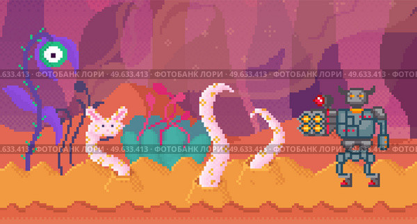 Pixel game interface layout design. Fantasy glade with alien plants with tentacles attack mechanical robot. Pixelated meadow with man in iron armor with built-in weapon. Pixel monster with tentacles. Pixelated meadow with man in iron armor with built-in weapon fighting alien plants with tentacles. Стоковая иллюстрация, агентство Ingram Publishing / Фотобанк Лори
