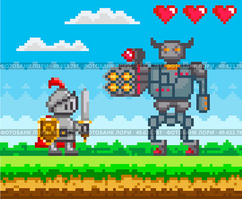 Pixelated natural landscape with warrior holding shield and sword standing on green grass. Knight attacks mechanical robot in armor. Minimalistic pixel cavalier near rocket-firing character. Warrior holding shield and sword standing on green grass. Knight attacks mechanical robot in armor. Стоковая иллюстрация, агентство Ingram Publishing / Фотобанк Лори
