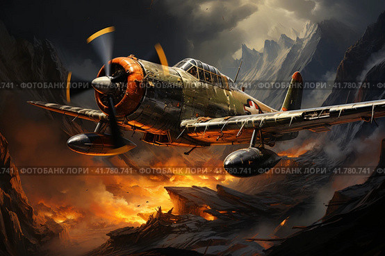 Plane of the second world war in the sky on a fiery background,  Generative AI. Стоковое AI-изображение, AI-художник Анна Кривицкая / Фотобанк Лори