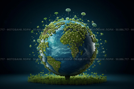 Planet earth covered in lush vegetation and connected by intricate network, showing environmental interdependence. Стоковое AI-изображение, AI-художник Иван Рябоконь / Фотобанк Лори