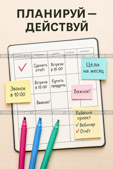 Планируй — действуй: контроль задач на неделю. Стоковое AI-изображение, AI-художник Евгения Пархоменко / Фотобанк Лори