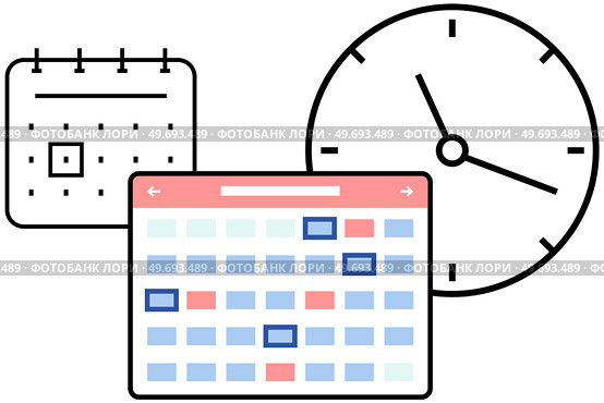 Planning and time management icons. Timetable, agenda planner with dates, wall clock. Creating reminder, daily plan, schedule concept. Calendar with notes for scheduling meeting or holidays. Planning and time management icons, events. Timetable, agenda planner with dates, wall clock. Стоковая иллюстрация, агентство Ingram Publishing / Фотобанк Лори