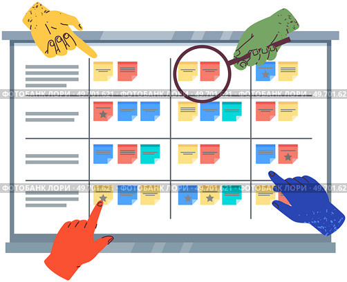 Planning schedule, business event and calendar with stickers. People with schedule organize meeting, create monthly plan. Strategy, time management concept. Hands point to calendar with planned dates. Hands point to calendar with planned dates. People with schedule, timetable organize monthly plan. Стоковая иллюстрация, агентство Ingram Publishing / Фотобанк Лори