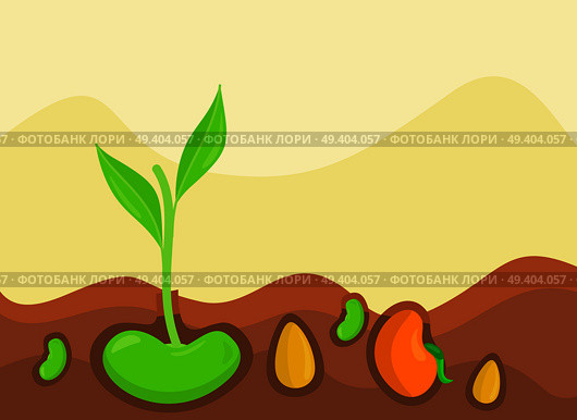 Plants growing from under ground colorful vector illustration in flat design. Vegetables giving stems and leaves on land.. Plants Growing under Ground Vector Illustration. Стоковая иллюстрация, агентство Ingram Publishing / Фотобанк Лори