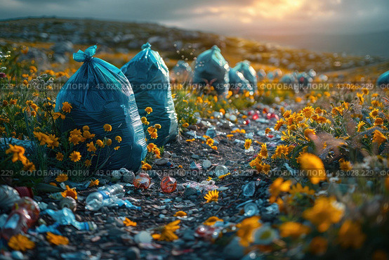 Plastic Bags With Garbage. Piles of garbage in the forest, random dumping in nature. Stink heap, plastic bag and bottles, rubbish in polluted green grass of nature landscape background human pollution. Стоковое AI-изображение, AI-художник Ирина Михайличенко / Фотобанк Лори