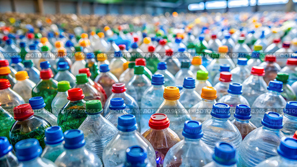 Plastic bottles of water for sale in a factory. Recycling and environmental concept. Стоковое AI-изображение, AI-художник Дмитрий Нечаев / Фотобанк Лори