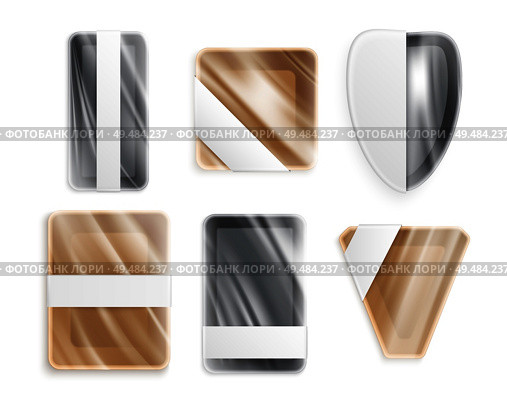 Plastic metal or ceramic utensils of different shapes packed in wrapping polyethylene isolated icons set realistic vector illustration. Стоковая иллюстрация, агентство Ingram Publishing / Фотобанк Лори