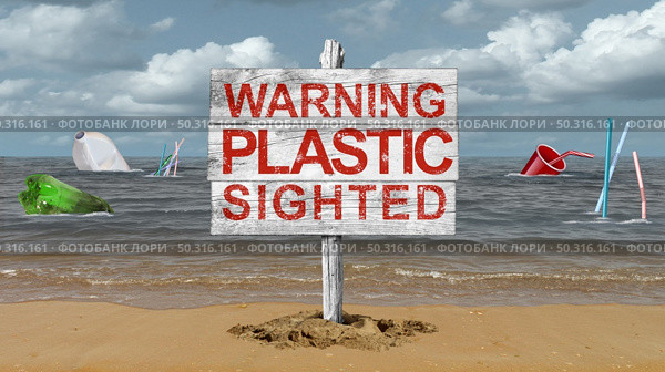 Plastic polluting a beach and the dangers of plastics in the ocean and the dangers of microplastics in the sea as straws for environmental issues with 3D illustration elements. Стоковое фото, агентство Ingram Publishing / Фотобанк Лори