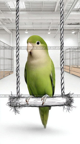 Playful green parrot perching on colorful drawn swing inside quirky pet shop, surrounded by diverse hanging bird cages with bright, imaginative setting. Стоковое AI-изображение, AI-художник Юрий Поздников / Фотобанк Лори