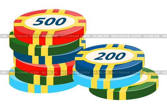 Playing on money vector, isolated chips pile with number on top flat style. Gambling casino element, luck and chance of gambler. Circle item with 200 and 500. Value and nominal coin playing set poker. Casino Chips with Value, Gambling Money Playing. Стоковая иллюстрация, агентство Ingram Publishing / Фотобанк Лори