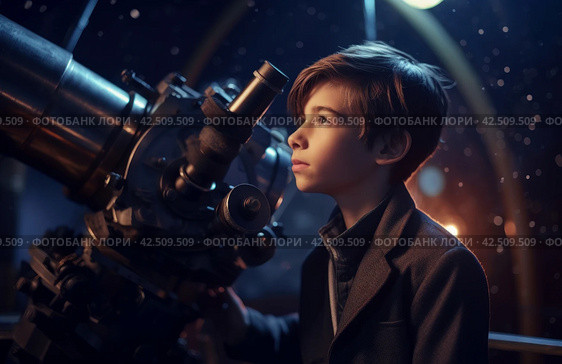 Pleased child boy with telescope. Generate ai. Стоковое AI-изображение, AI-художник Иван Рябоконь / Фотобанк Лори