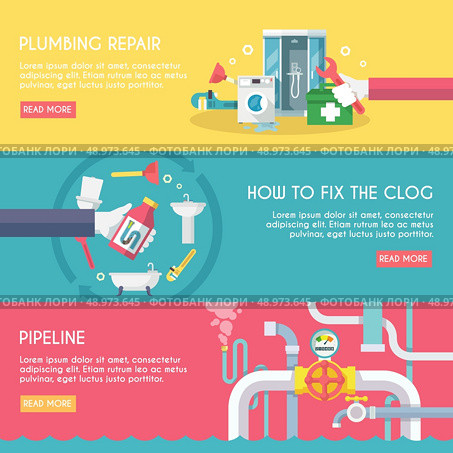 Plumbing repair fix the clog pipeline horizontal banner set isolated vector illustration. Стоковая иллюстрация, агентство Ingram Publishing / Фотобанк Лори