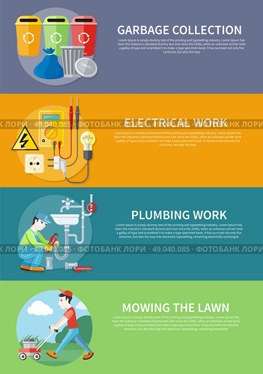 Plumbing work. Sanitary works. Plumber and wrench. Man moves with lawnmower, mows green grass. Garbage and recycling cans collection concept. Electrical work. Socket with devices on banners. Стоковая иллюстрация, агентство Ingram Publishing / Фотобанк Лори