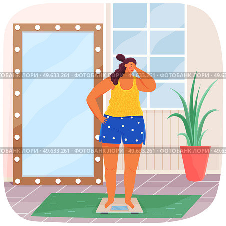 Plump woman stands on scales in living room at home and take care of health. Woman unhappy with her reflection in mirror. Lady began to engage in her body. Overweight girl wants to be healthy, slim. Overweight unhappy with her weight woman stands on scales opposite mirror in living room at home. Стоковая иллюстрация, агентство Ingram Publishing / Фотобанк Лори
