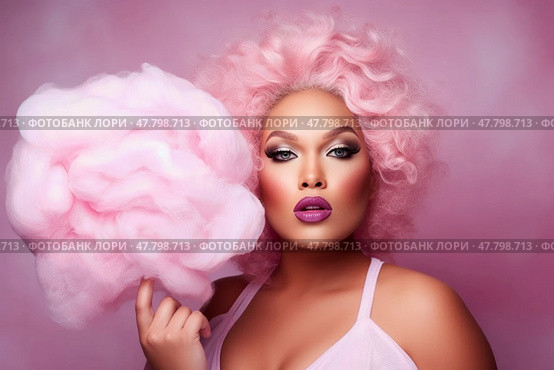 Plus size fashion model with creative makeup and hairstyle enjoying cotton candy against a pink background. Стоковое AI-изображение, AI-художник Станислав Тарко / Фотобанк Лори