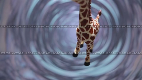 Plush giraffe suspended within kaleidoscopic spiral landscape, blending dreamlike colors and warped spatial perspectives in vivid surreal composition. Стоковое AI-видео, аниматор Данил Руденко / Фотобанк Лори