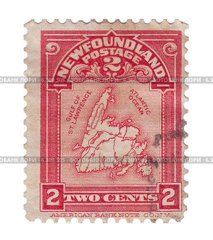 Почтовая марка Ньюфаундленда с изображение карты острова, 1908 год. Стоковая иллюстрация, иллюстратор Евгений Ткачёв / Фотобанк Лори
