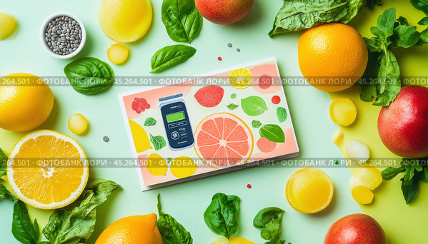 Pocket glucose meter surrounded by fresh fruits and vegetables promoting healthy diet. Стоковое AI-изображение, AI-художник Юрий Поздников / Фотобанк Лори