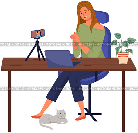 Podcaster woman character in office room interior. Girl listening audio podcast and speaking at live streaming use smartphone and laptop on her vlog. Podcaster making, blogger, technology concept. Podcaster woman character in office room interior. Girl listening audio podcast. Стоковая иллюстрация, агентство Ingram Publishing / Фотобанк Лори
