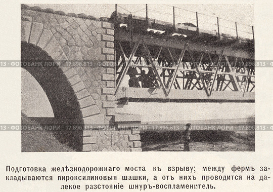 Подготовка железнодорожного моста к взрыву; меж ферм закладываются пироксилиновые шашки, а от них проводится на далекое расстояние шнур - воспламенитель.  Иллюстрация из журнала "Нива" № 27 1905 года. Стоковая иллюстрация, иллюстратор Макаров Алексей / Фотобанк Лори