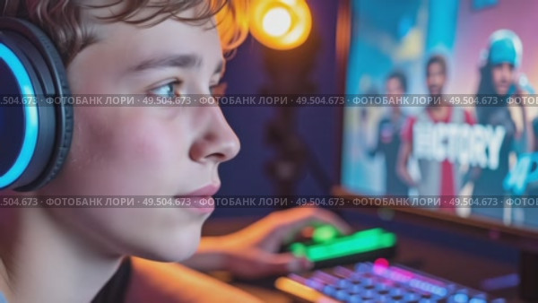 Подросток с наушниками играет в видеоигру на компьютере. Стоковое AI-видео, аниматор Виктория Кольцова / Фотобанк Лори