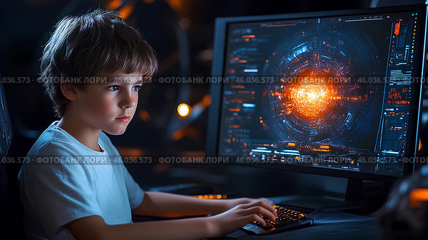 Подросток увлеченно играет в видеоигру, космический симулятор. Стоковое AI-изображение, AI-художник Щеголева Ольга / Фотобанк Лори