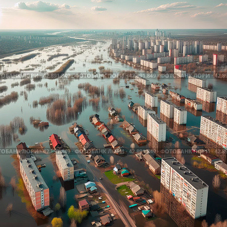 Подтопление улиц города паводковыми водами во время весеннего половодья. Введение режима Чрезвычайной Ситуации. Весенний городской пейзаж, вид с воздуха. Стоковое AI-изображение, AI-художник Sergei Gorin / Фотобанк Лори