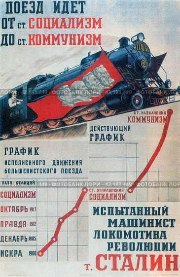 "Поезд идет от ст. Социализм до ст. Коммунизм. Испытанный машинист локомотива революции т. Сталин". Плакат 1939 года. Редакционное фото, фотограф Сергей Елизарьев / Фотобанк Лори