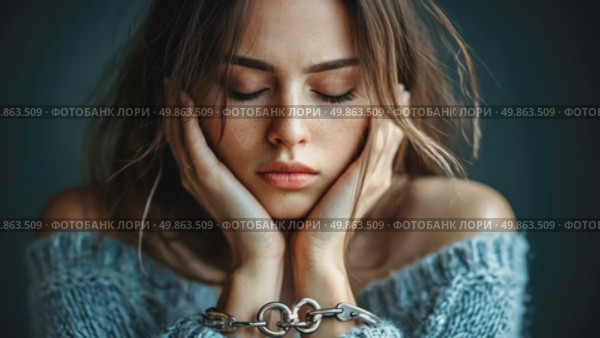 Poignant portrait of a woman in a blue sweater with chained hands for freedom awareness card. Стоковое AI-видео, аниматор Данила Большаков / Фотобанк Лори