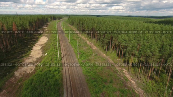 Полет над полотном железной дороги в лесу. Стоковое видео, видеограф Кекяляйнен Андрей / Фотобанк Лори