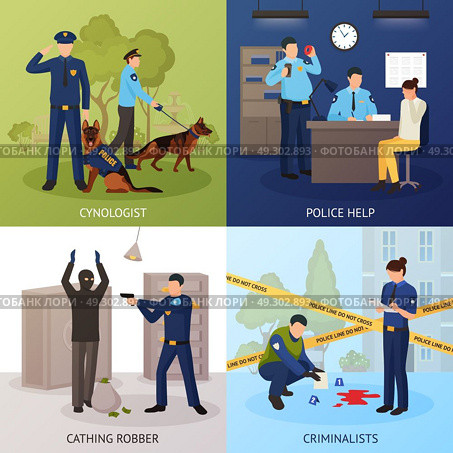 Police Service 4 Flat Icons Square . Police officers work 4 flat icons square with bank robber seizure and crime scene investigation isolated vector illustration . Стоковая иллюстрация, агентство Ingram Publishing / Фотобанк Лори